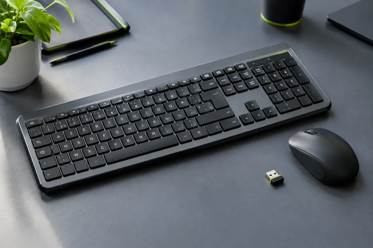 Ensemble clavier AZERTY noir et gris avec pavé numérique, souris compacte ambidextre et récepteur USB