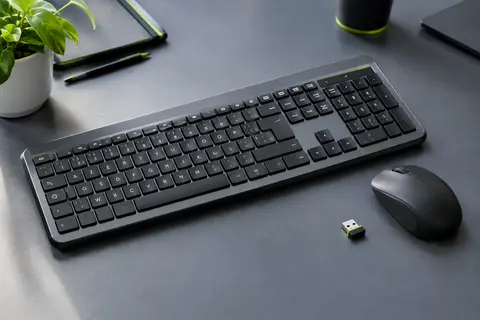 Ensemble clavier AZERTY noir et gris avec pavé numérique, souris compacte ambidextre et récepteur USB