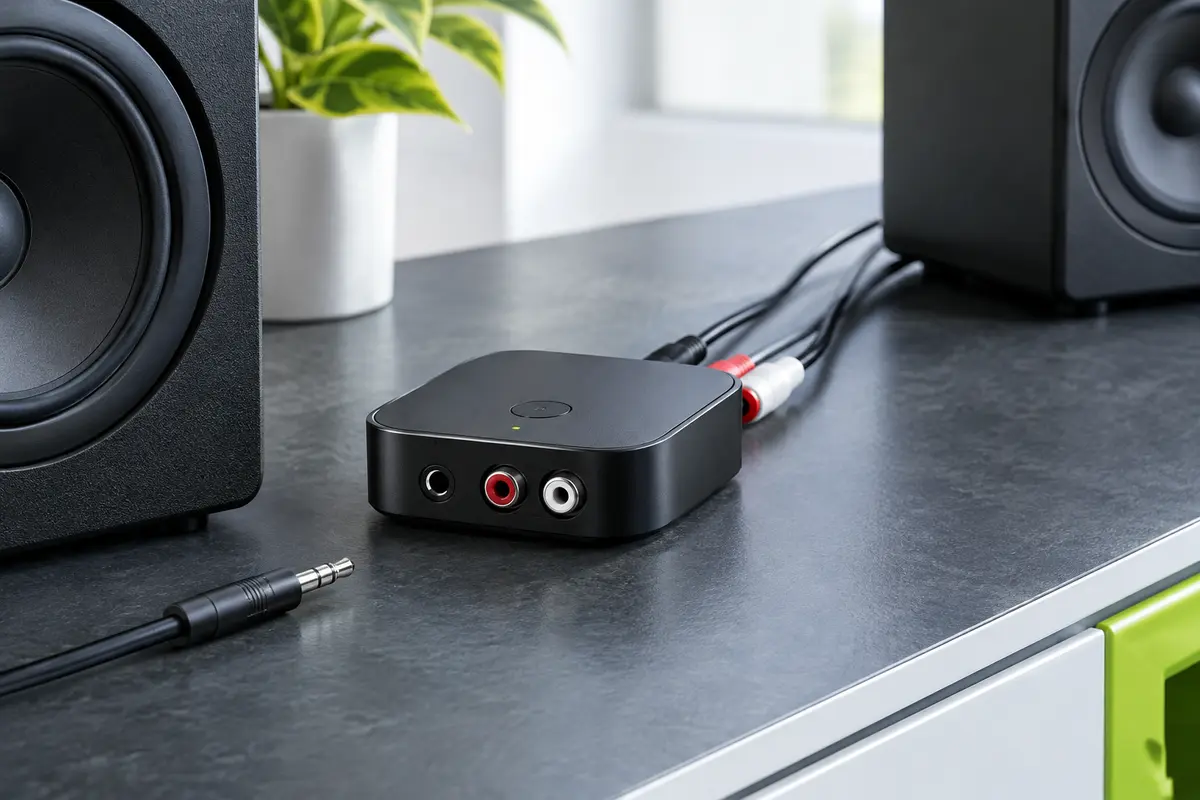 Récepteur audio Bluetooth Logitech noir près d’enceintes filaires, sur un fond ardoise contemporain.