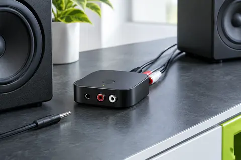 Récepteur audio Bluetooth Logitech noir près d’enceintes filaires, sur un fond ardoise contemporain.