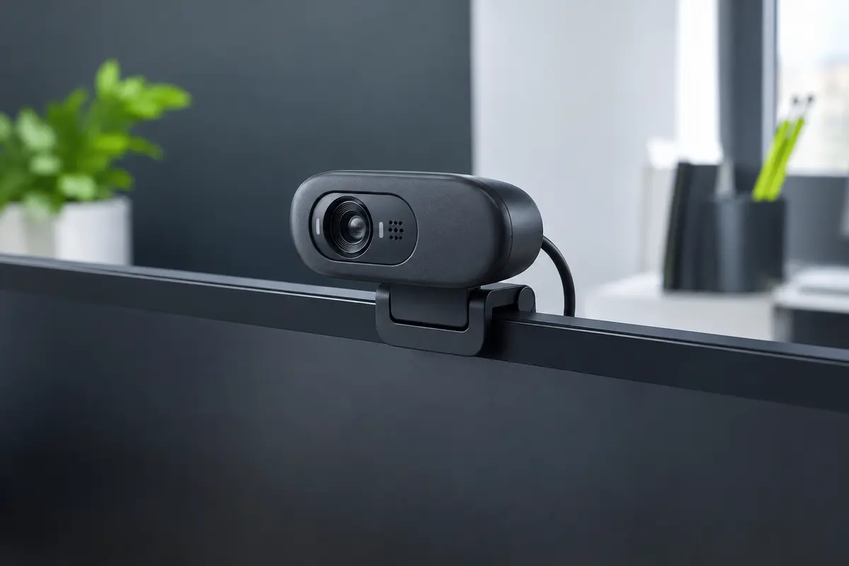 Webcam noire compacte avec objectif frontal et clip de fixation posée sur le bord d’un écran