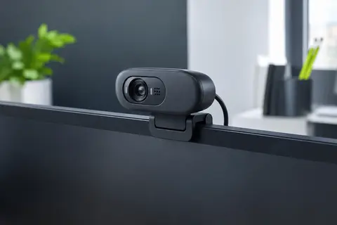 Webcam noire compacte avec objectif frontal et clip de fixation posée sur le bord d’un écran
