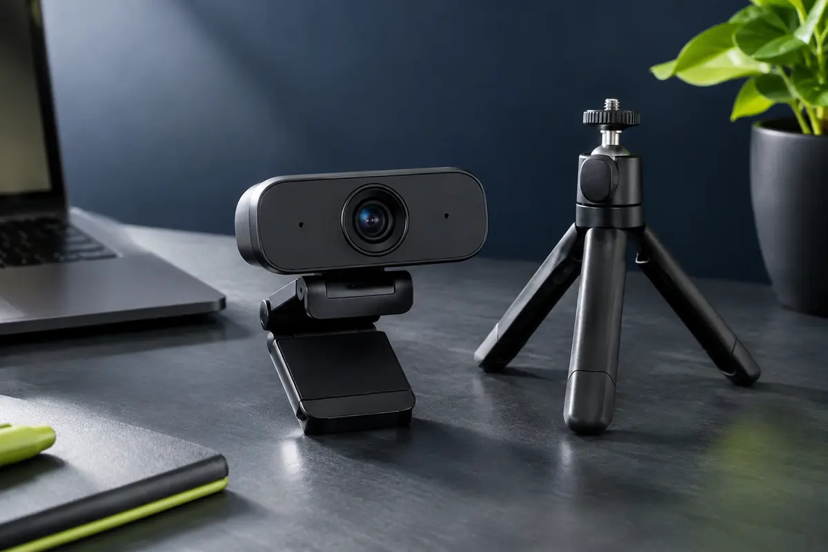 Webcam Logitech noire avec objectif central et trépied réglable posée sur un bureau sombre