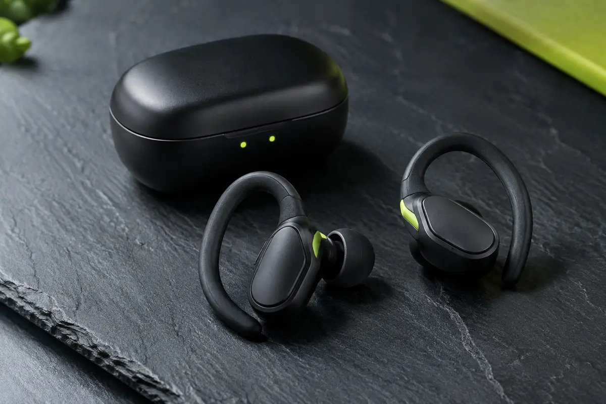 Écouteurs intra-auriculaires noirs à crochets avec embouts en silicone et étui de recharge USB-C