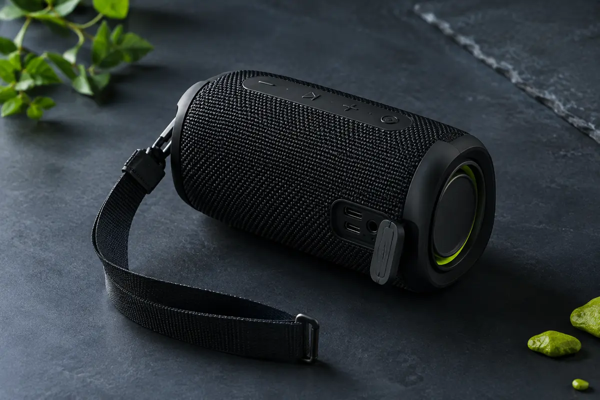 Enceinte Bluetooth portable noire MIFA A1 avec sangle amovible, présentée sur fond ardoise
