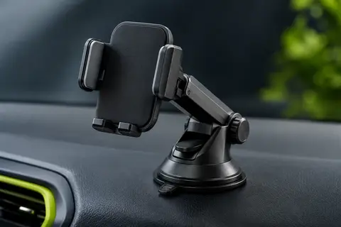 Support smartphone de voiture noir à ventouse, avec bras réglables et rotule orientable, photographié sur fond ardoise.