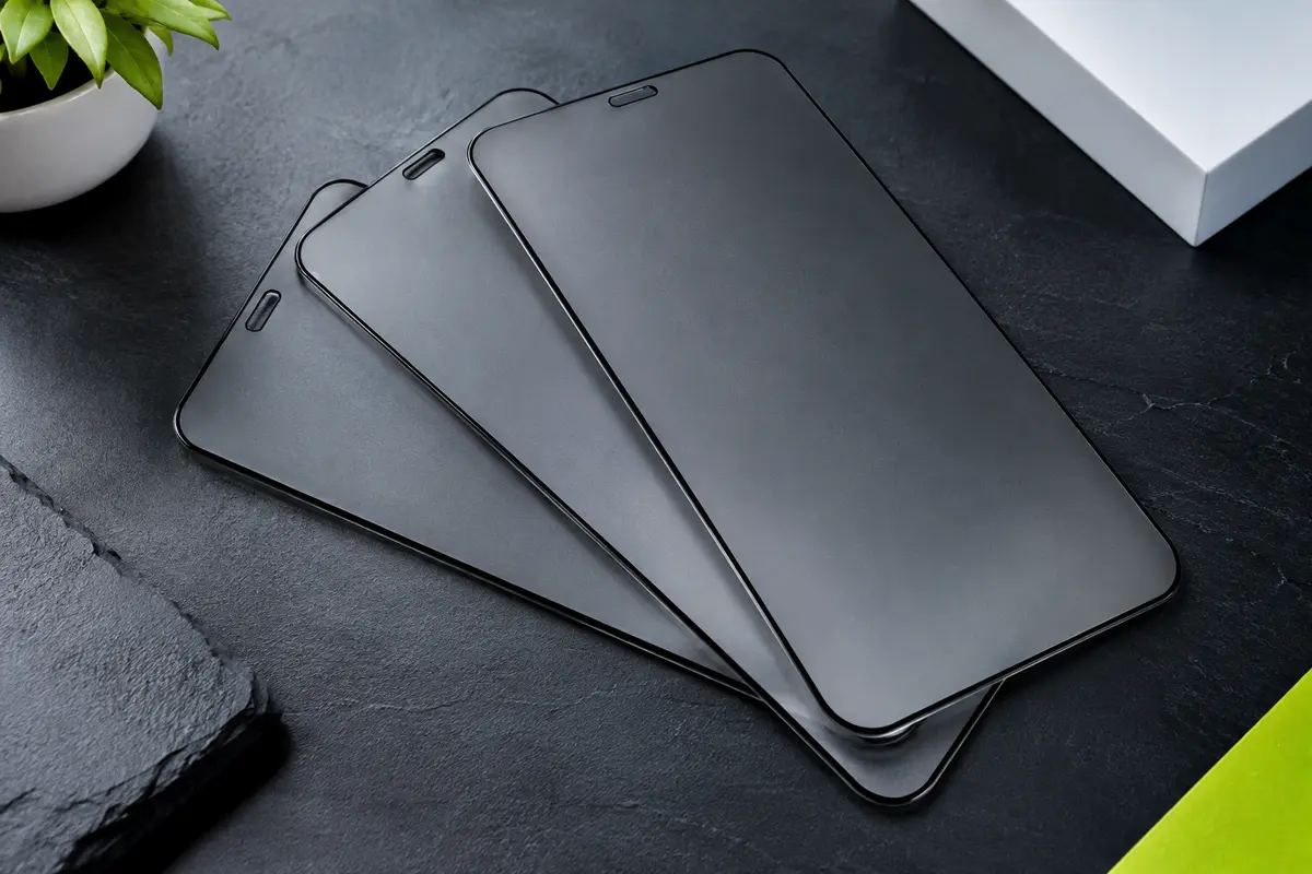 Lot de trois protections d’écran en verre trempé noir mat pour iPhone, posé sur un fond ardoise clair.