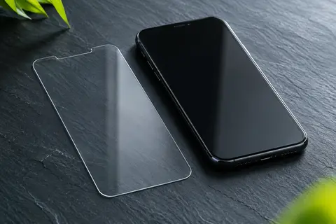 Protection d’écran transparente en verre trempé présentée à côté d’un smartphone noir sur fond ardoise.