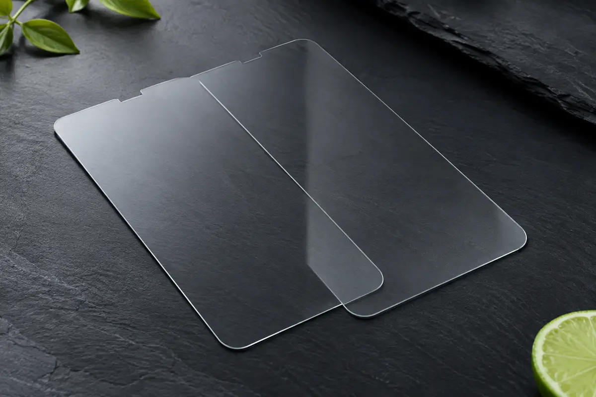 Deux protections d’écran transparentes en verre trempé, aux bords arrondis, posées sur un fond ardoise.