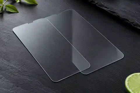 Deux protections d’écran transparentes en verre trempé, aux bords arrondis, posées sur un fond ardoise.