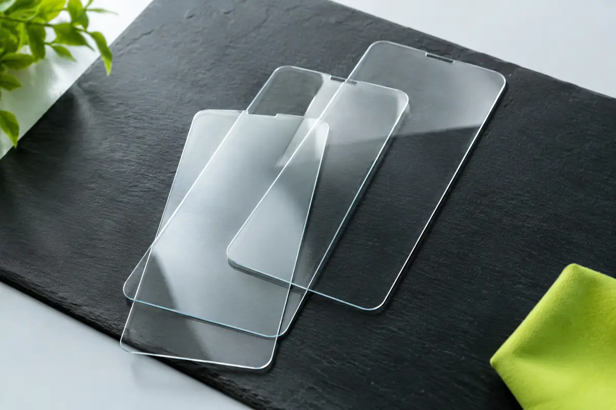 Trois protections d’écran transparentes en verre trempé présentées sur un fond ardoise et blanc froid.