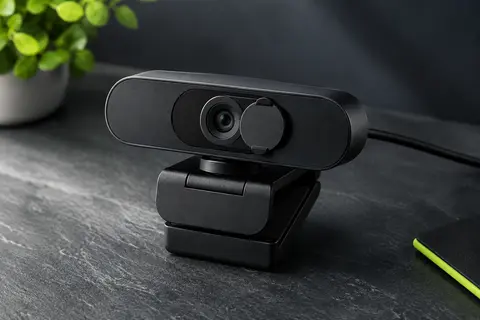 Webcam noire compacte avec objectif central, cache de confidentialité et pince de fixation sur fond ardoise.