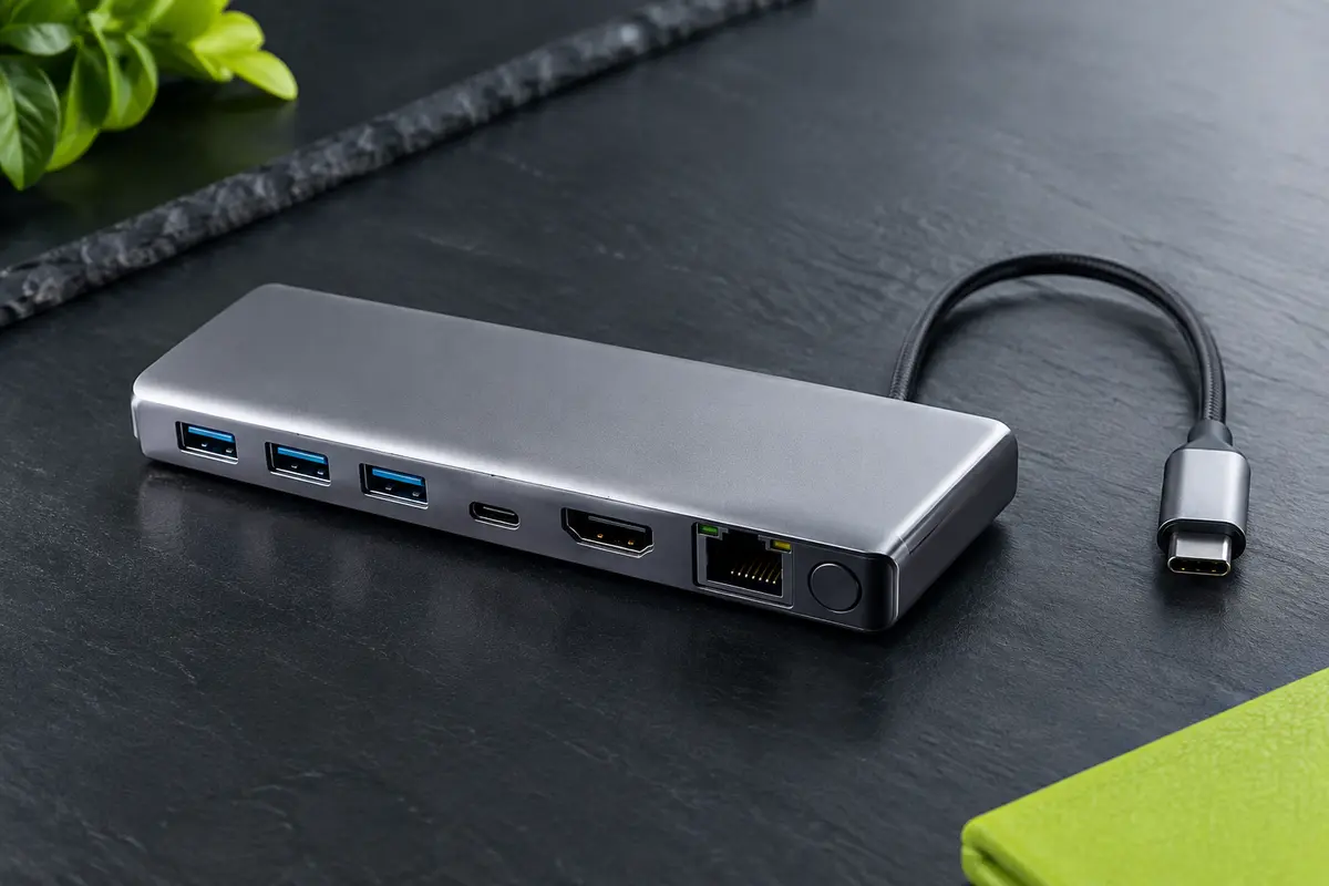 Hub USB-C argenté en aluminium avec ports USB, HDMI et Ethernet, posé sur un fond ardoise