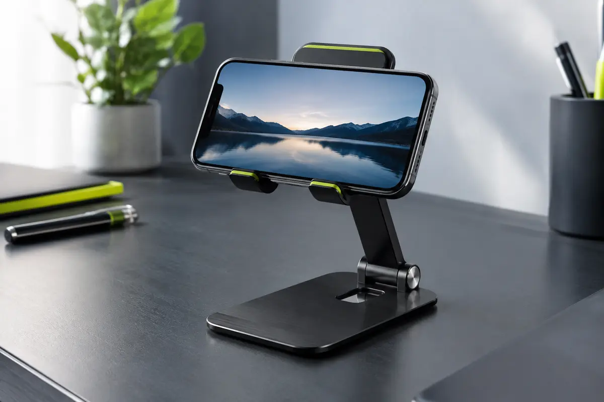 Support de téléphone noir pliable en aluminium posé sur un bureau, avec un smartphone en mode paysage.