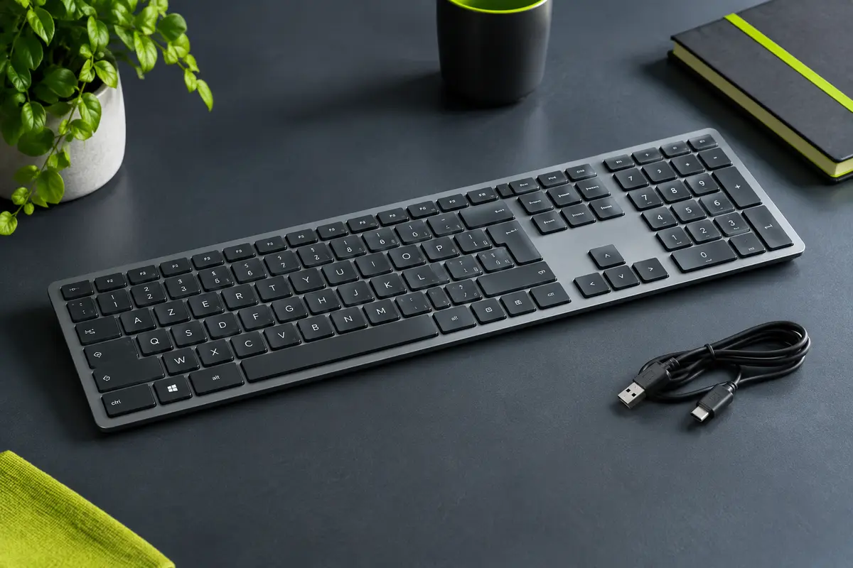 Clavier OMOTON gris anthracite en AZERTY avec pavé numérique, présenté sur un bureau contemporain.
