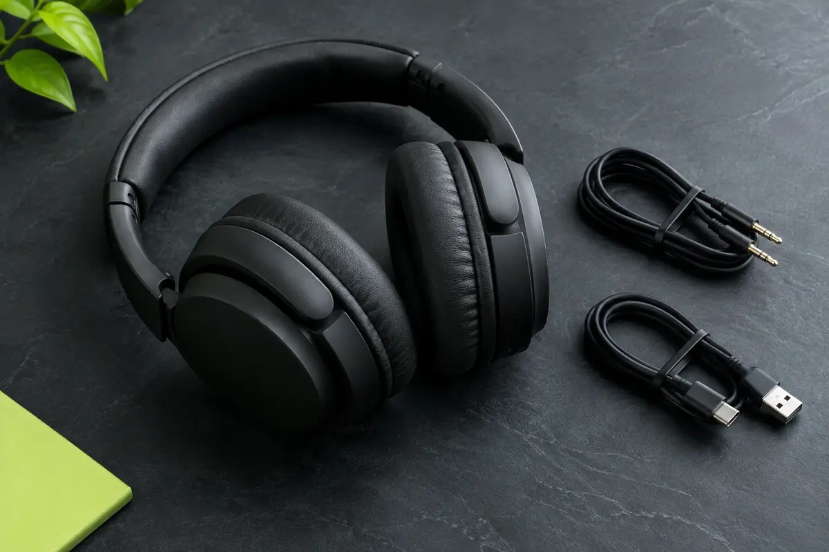 Casque audio OneOdio A70 noir pliable, présenté avec ses câbles sur un fond ardoise
