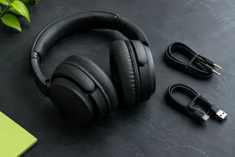 Casque audio OneOdio A70 noir pliable, présenté avec ses câbles sur un fond ardoise