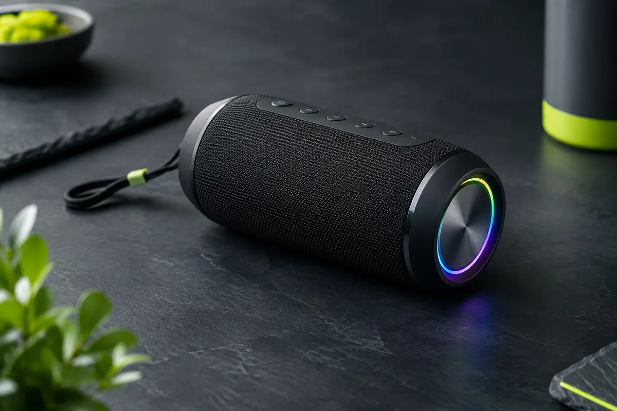 Enceinte portable Ortizan noire avec éclairage RVB, présentée sur un fond ardoise contemporain.