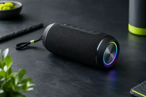 Enceinte portable Ortizan noire avec éclairage RVB, présentée sur un fond ardoise contemporain.