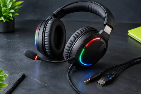 Casque gaming circum-aural Pacrate avec micro flexible, câble jack et éclairage LED rouge, vert et bleu