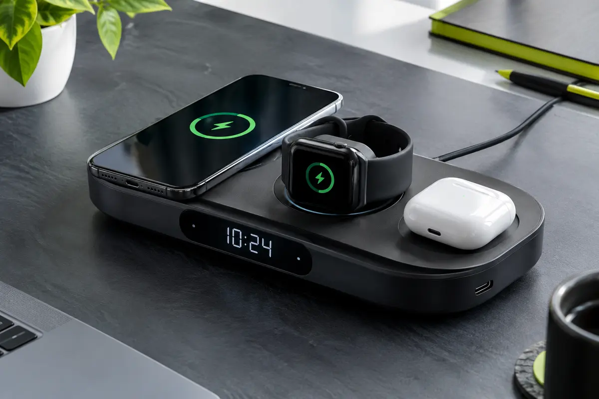 Station noire de charge sans fil avec horloge numérique et téléphone, montre et écouteurs compatibles.