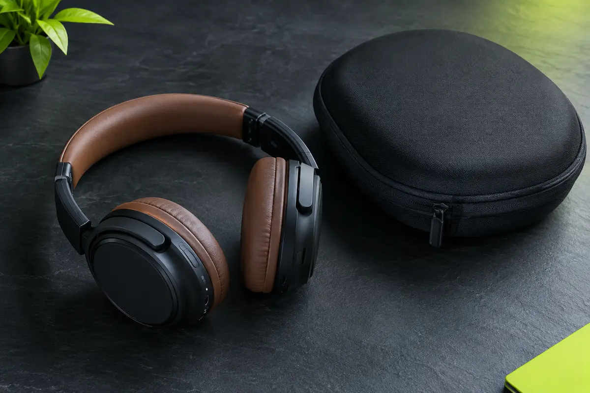 Casque audio pliable noir et marron présenté avec son étui rigide sur un fond ardoise