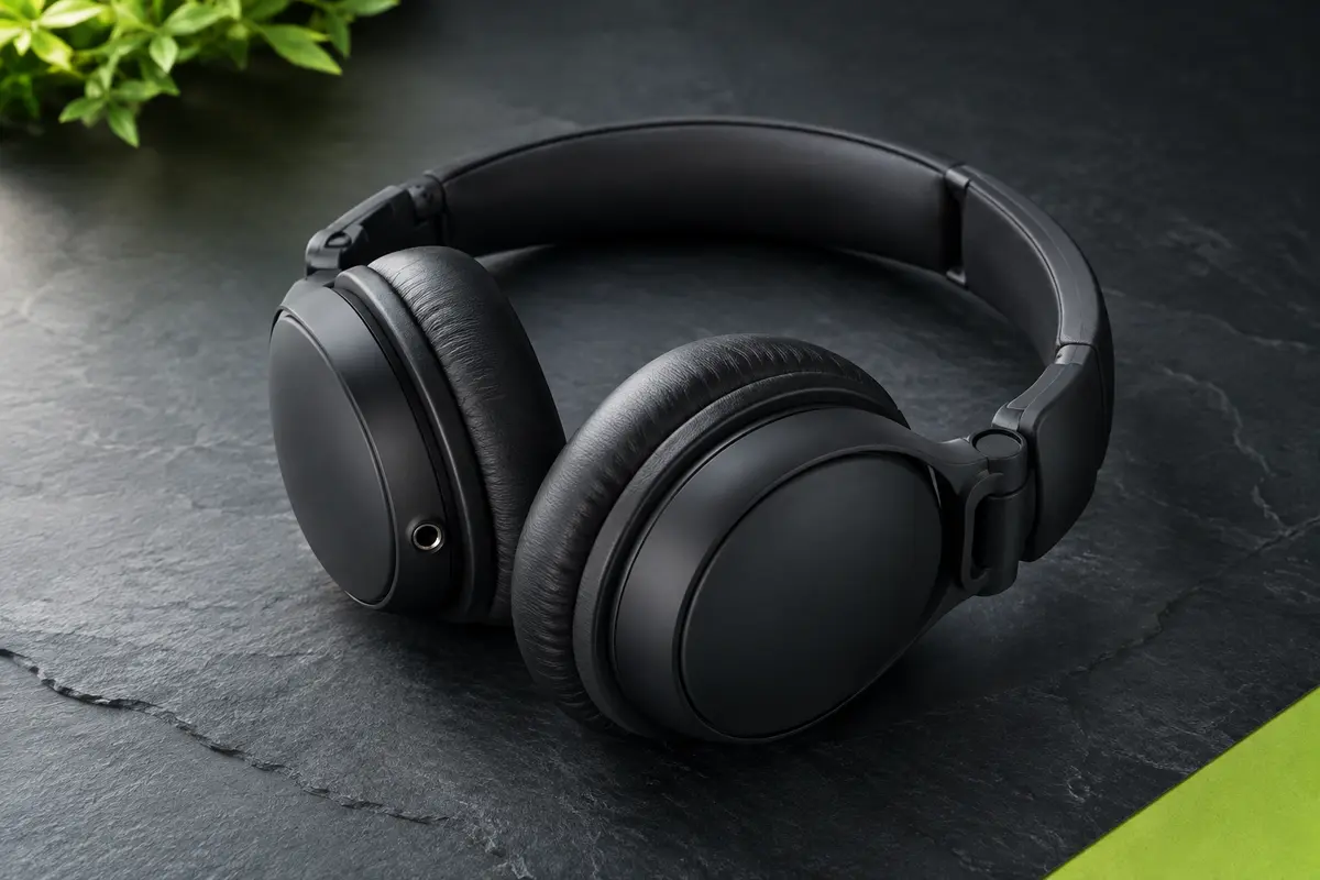Casque audio PowerLocus P2 noir pliable, avec arceau rembourré et coques arrondies sur fond ardoise.