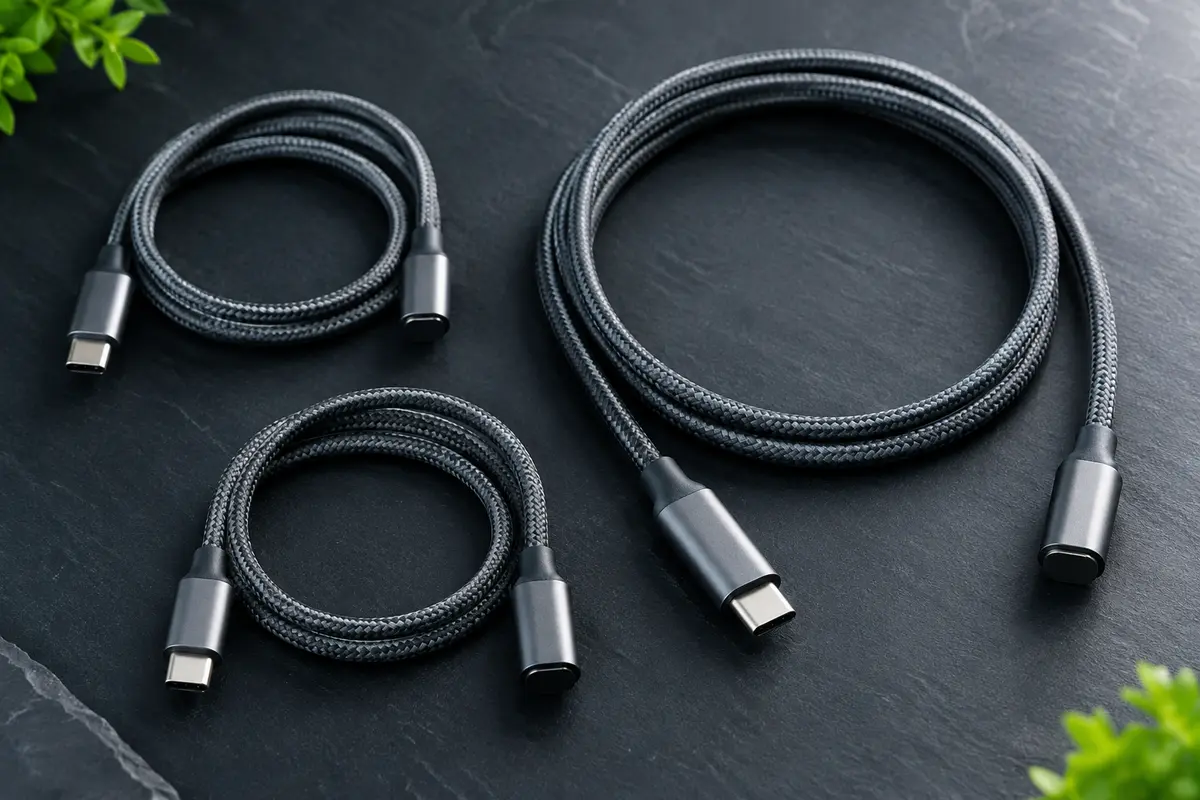 Trois câbles RAMPOW gris tressés de longueurs différentes, avec un connecteur USB-C visible.