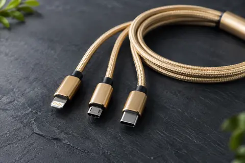 Câble de charge RAVIAD doré à gaine tressée et trois embouts iPhone, micro USB et USB-C