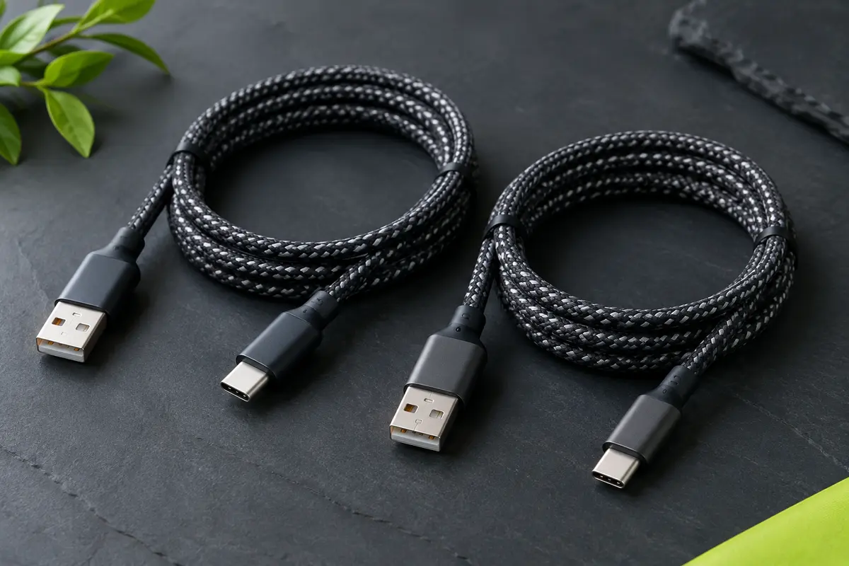 Deux câbles USB-A vers USB-C tressés noir et gris, avec leurs connecteurs visibles sur fond ardoise.