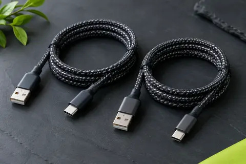 Deux câbles USB-A vers USB-C tressés noir et gris, avec leurs connecteurs visibles sur fond ardoise.