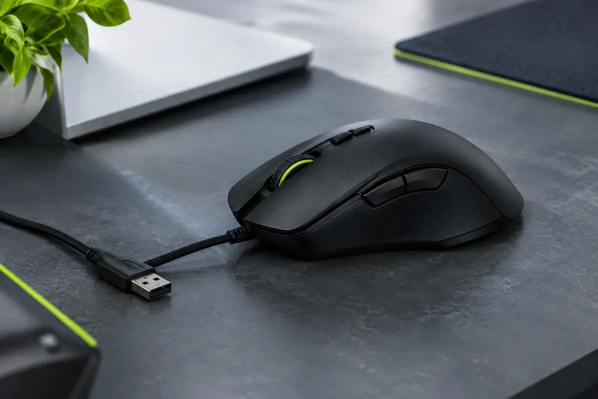 Souris gaming filaire noire à finition mate, forme ergonomique pour droitier et câble USB.