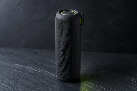 Enceinte Bluetooth portable RIENOK S1 mini noire, au format vertical, avec éclairage LED coloré.