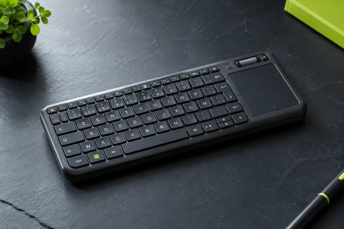 Clavier compact Rii X8 en disposition AZERTY, avec pavé tactile intégré et molette de défilement.