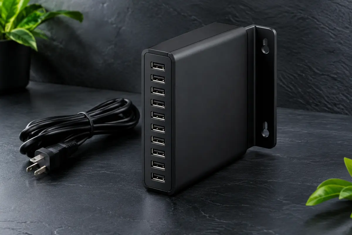 Station de charge noire à dix ports USB-A avec support mural intégré, photographiée sur fond ardoise.