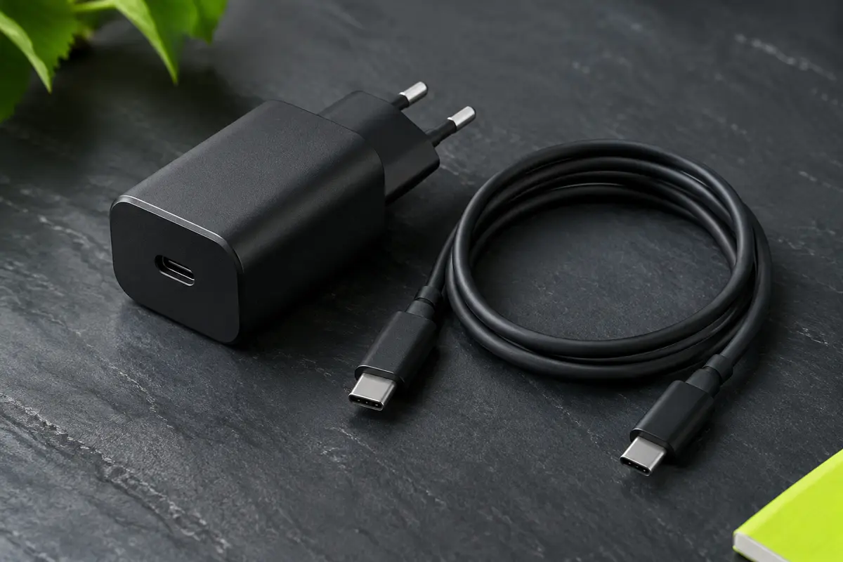 Chargeur secteur noir à port USB-C accompagné d’un câble USB-C vers USB-C sur fond ardoise