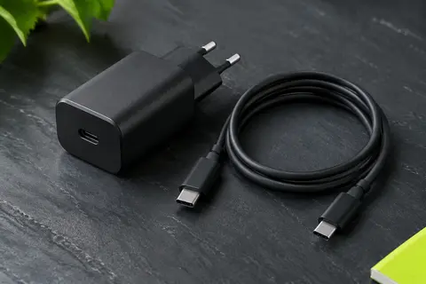 Chargeur secteur noir à port USB-C accompagné d’un câble USB-C vers USB-C sur fond ardoise