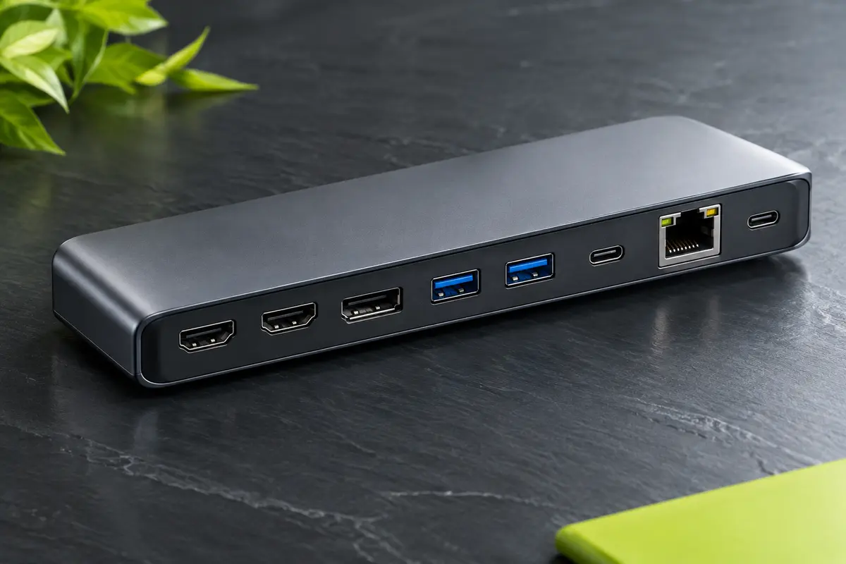 Station d’accueil USB-C Selore avec deux HDMI, DisplayPort, ports USB, Ethernet et alimentation PD