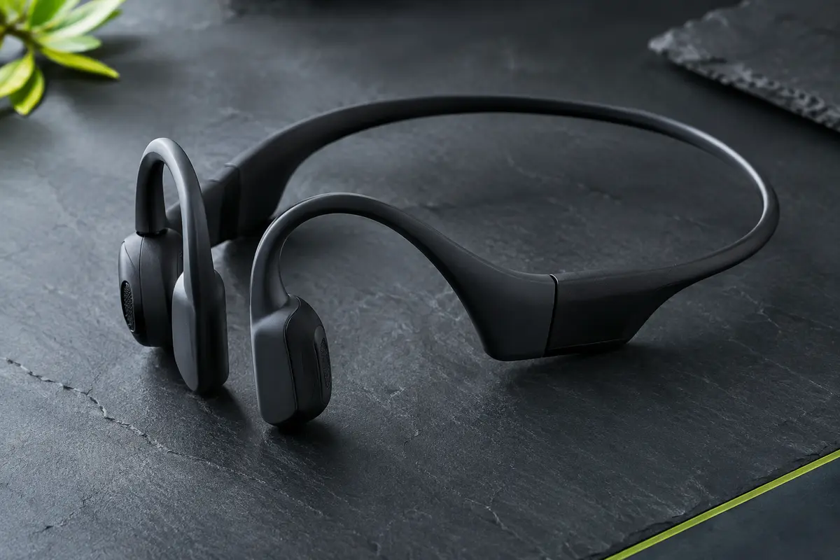 Casque noir à conduction osseuse SHOKZ OpenRun posé sur un fond ardoise, avec sa monture ouverte.