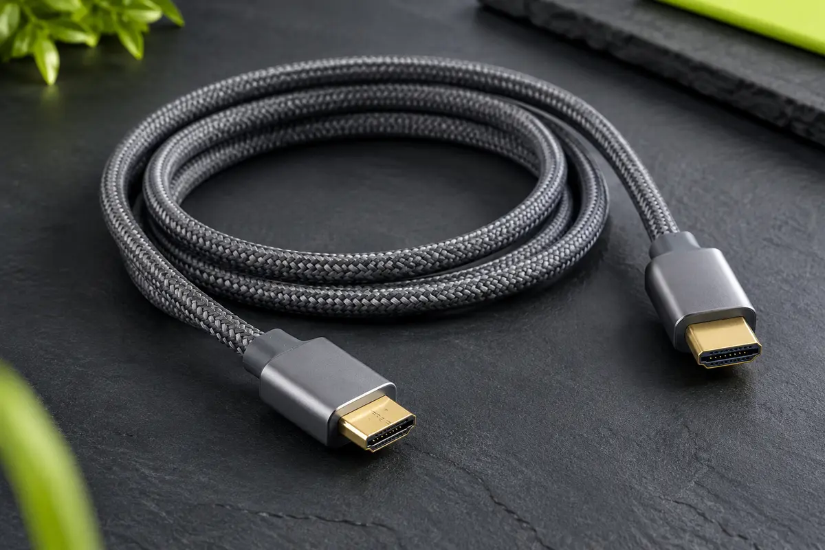 Câble HDMI gris tressé de 1 m avec deux connecteurs métalliques, présenté sur un fond ardoise.