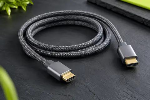 Câble HDMI gris tressé de 1 m avec deux connecteurs métalliques, présenté sur un fond ardoise.