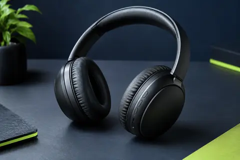 Casque Bluetooth supra-aural noir Sony WH-CH520 présenté sur un fond ardoise contemporain.