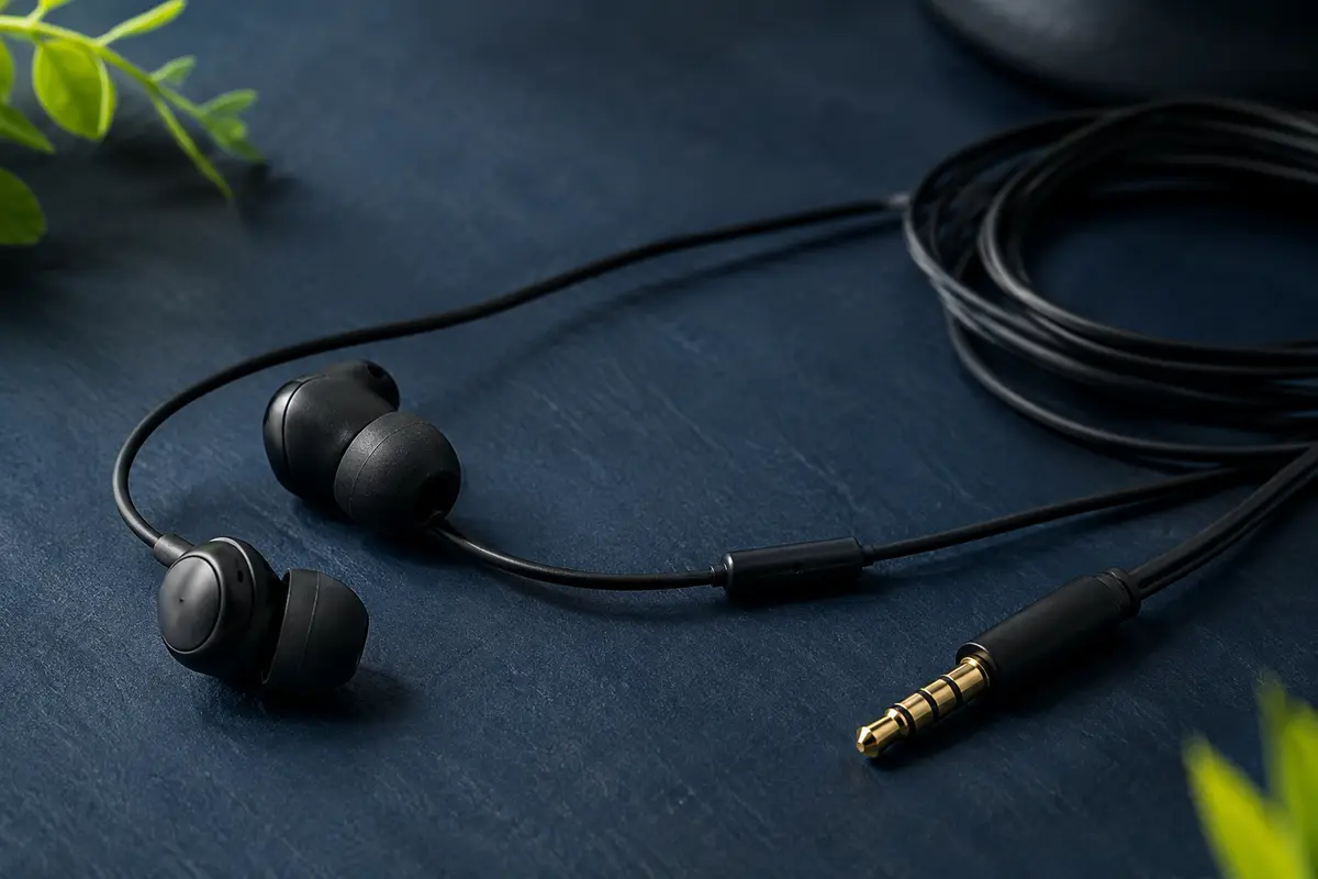 Écouteurs intra-auriculaires noirs avec embouts en silicone, microphone et cordon jack