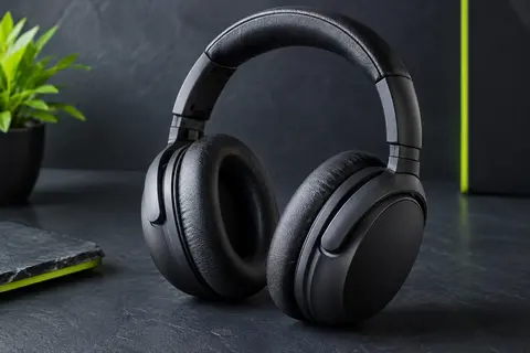 Casque audio Soundcore Q30 noir circum-aural posé sur un fond ardoise, avec son arceau et ses coques visibles.