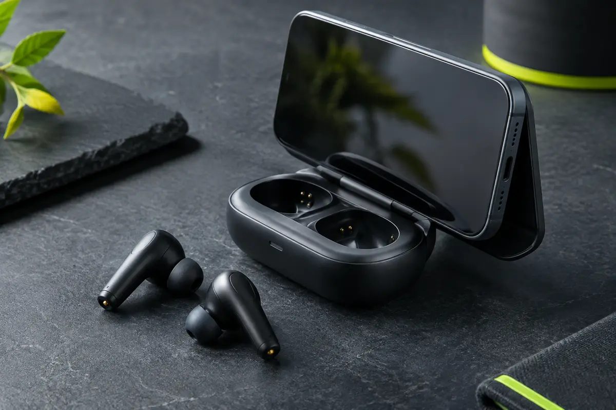 Écouteurs Soundcore P30i noirs avec leur étui ouvert en support de téléphone sur fond ardoise.