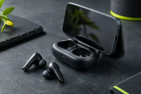Écouteurs Soundcore P30i noirs avec leur étui ouvert en support de téléphone sur fond ardoise.