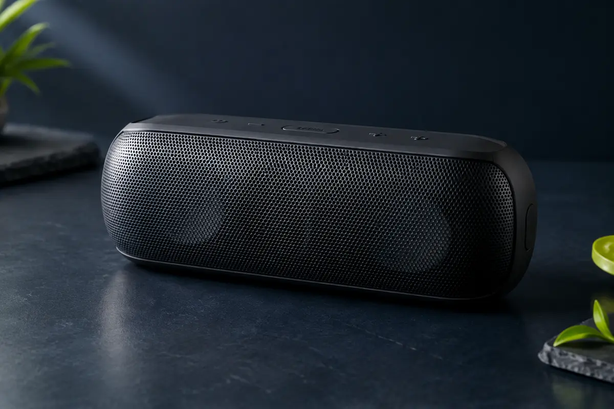 Enceinte Bluetooth Soundcore Motion+ noire présentée seule sur un fond ardoise éclairé en douceur.