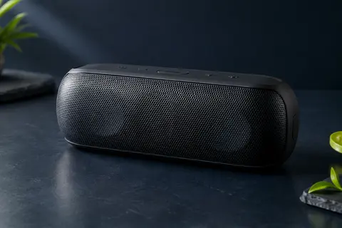 Enceinte Bluetooth Soundcore Motion+ noire présentée seule sur un fond ardoise éclairé en douceur.