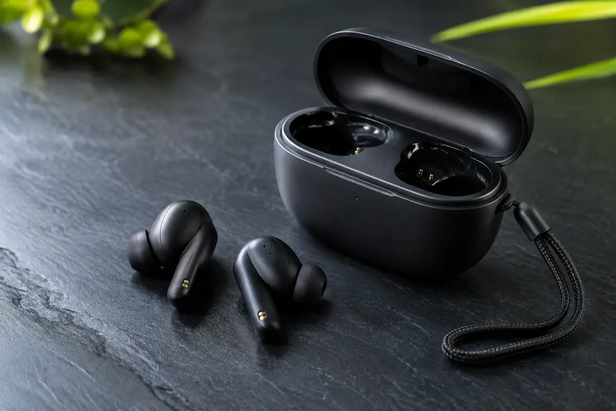 Écouteurs Soundcore P20i noirs et étui de charge compact avec dragonne, présentés sur fond ardoise.