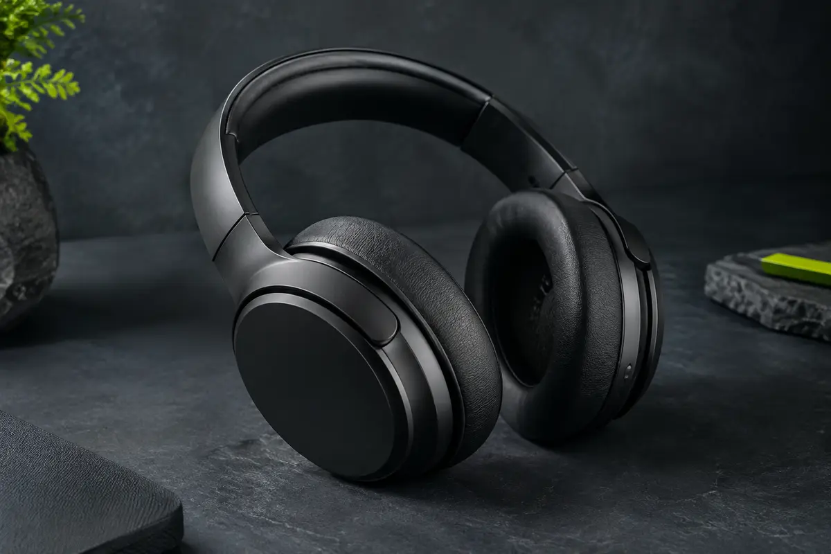 Casque audio Soundcore Q20i noir avec arceau et écouteurs par-dessus les oreilles, sur fond ardoise.